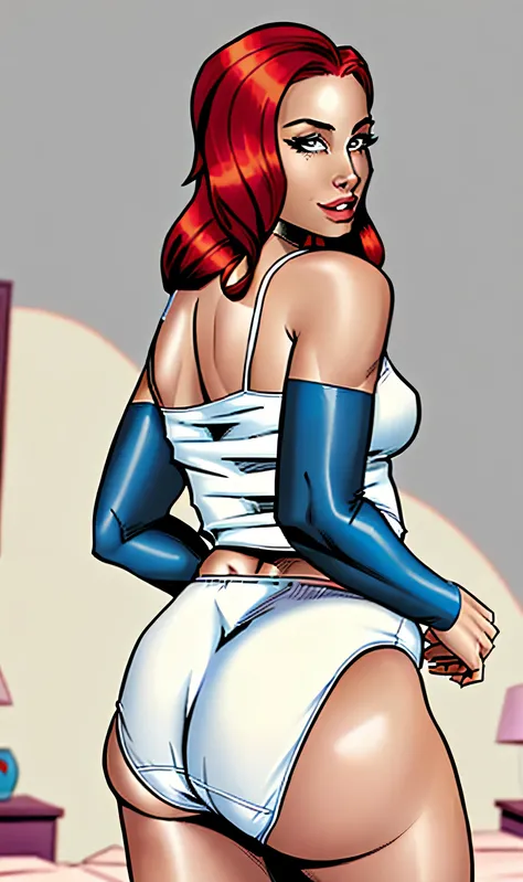 ((((masterpiece, best quality)))), ((33 year old)), (((Curvy))), ((Latina with long red hair)), in ((white tanktop)), ((white high cut fullback panties)), ((Large Hips)), ((Standing in a messy bedroom)), (((comic book art style)))