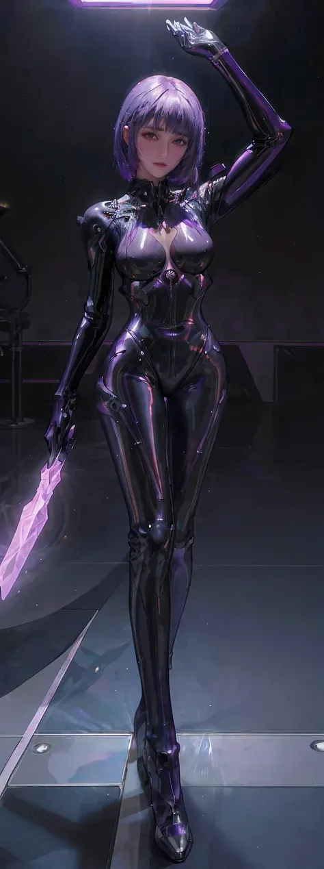 Allalyn in shiny purple suit standing on the floor, latex shiny, wearing atsuko kudo latex outfit, wearing tight suit, smooth purple skin, Purple body, shiny metallic glossy skin, shiny plastic, futuristic glossy latex suit, shiny plastic armor, shiny glos...