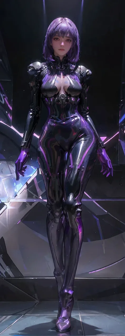 Allalyn in shiny purple suit standing on the floor, latex shiny, wearing atsuko kudo latex outfit, wearing tight suit, smooth purple skin, Purple body, shiny metallic glossy skin, shiny plastic, futuristic glossy latex suit, shiny plastic armor, shiny glos...