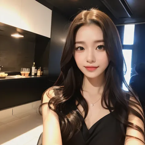 1 adult female, long hair, curly hair, black hair color, smooth skin, brown eyes, Make you smile, time々, cocktail dress, realist, party venue, 8k super realist, super detalhado e realist