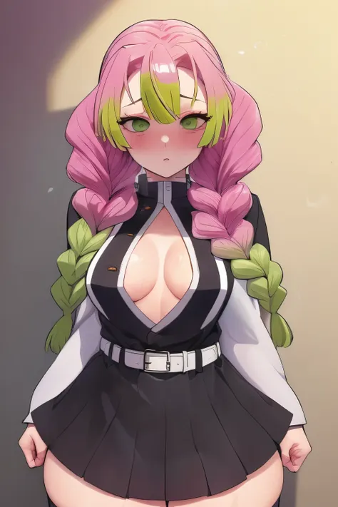  1gir, beautiful, (best quality, masterpiece, super detailed: 1.5), whole body, face focus, 1girl, Mitsuri (demon slayer), beautiful girl, beautiful face ((Mitsuri (demon slayer))), a girl with long green-pink gradient hair and green eyes in a long-sleeved...