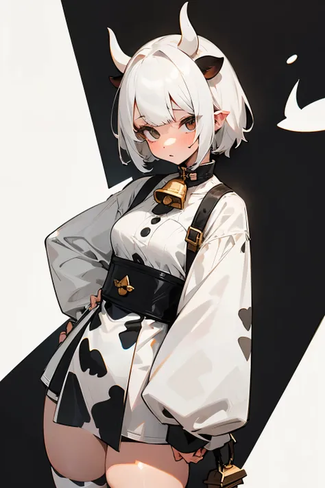 Cute girl, cow costume, short white hair, cow horns, cow ears, bell, black and white spotted skin 