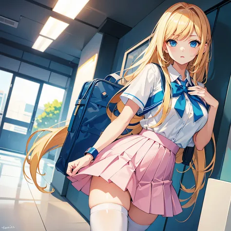 (best quality,highres:1.2), A teenage girl, 17 years old, long blonde hair, big blue eyes, school uniform with a bag, pink skirt, white stockings, light blue t-shirt, well-endowed breast, anime-style, adorable, cute, anime-style lighting, slim figure, vibr...