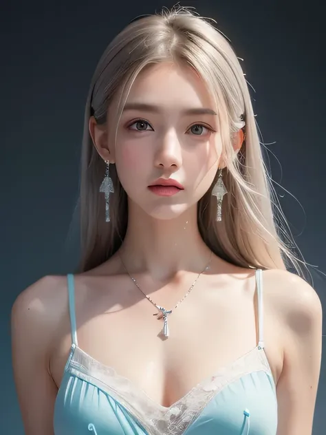 (masterpiece, highest quality:1.2), 8K, 85mm, Raw photo, confused, white and cyan theme, (liquid clothes, liquid dress:1.4), gray hair, gradient dress, delicate girl, Upper body, close your face, shiny skin, teen, looking at the viewer, HDR, sharp focus, p...