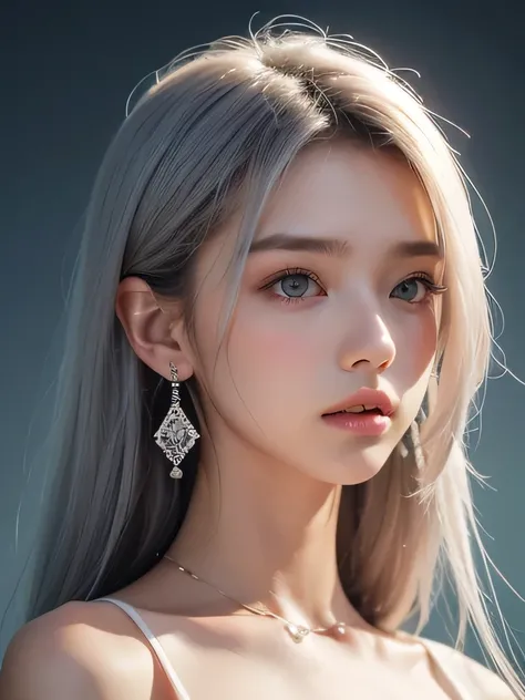 (masterpiece, highest quality:1.2), 8K, 85mm, Raw photo, confused, white and cyan theme, (liquid clothes, liquid dress:1.4), gray hair, gradient dress, delicate girl, Upper body, close your face, shiny skin, teen, looking at the viewer, HDR, sharp focus, p...