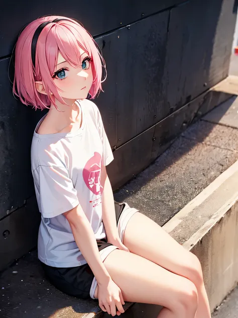 1 girl,pink hair,confused expression, sitting,half body photo,middle parted hair, short hair,white t-shirt,white t-shirt,black s...