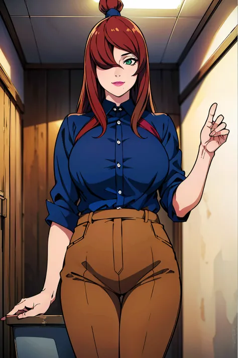 (blue formal office shirt), (brown short pants), toilet room background, night time, mei terumi, oda non style, anime cels style, smiling, long hair, brown hair, (ponytail hair), green eyes, ((hair over one eye)), (pink lipstick), best quality, high resolu...