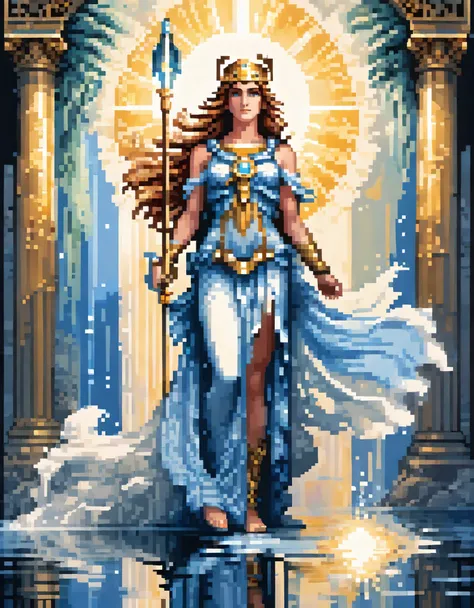 pixel art,in style of Agnes Lawrence Pelton, beautiful details，Beautiful goddess Athena in a blue gradient color of dissolved pixels，（whole body），Extraordinarily beautiful blue eyes，gradually decompose，Golden sunshine shines in，Partial reflection in water，