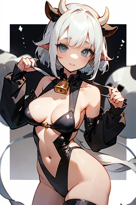 
Cute girl, cow costume, short white hair, cow horns, cow tail, cow ears, bell, black and white spotted skin, bare shoulders, exposed stomach,