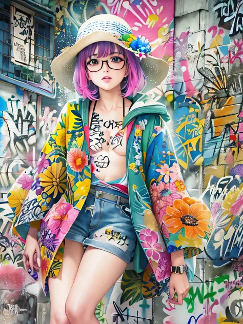 8K quality, watercolor painting, stylish design, (((The strongest beautiful girl of all time))), (((Japanese)))、Idol、clear, stylish glasses, Fashionable hats, (((highest quality))), bob hair, Place your hands on the wall, HDR, ((Detailed details)), stylish...