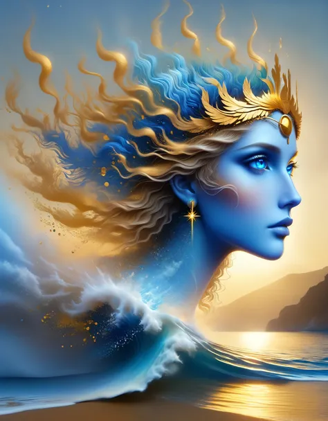 pixel art,iin style of Caras Ionut, beautiful details，n style of Agnes Lawrence Pelton, beautiful details，Beautiful goddess Athena in a blue gradient color of dissolved pixels，（whole body），Extraordinarily beautiful blue eyes，gradually decompose，Golden suns...