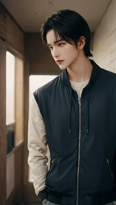 (masterpiece, best quality:1.2), 1boy,black hair,jacket,lips,Close ups,standing,indoor,looking at viewer,realistic,Long hair,solo,zipper