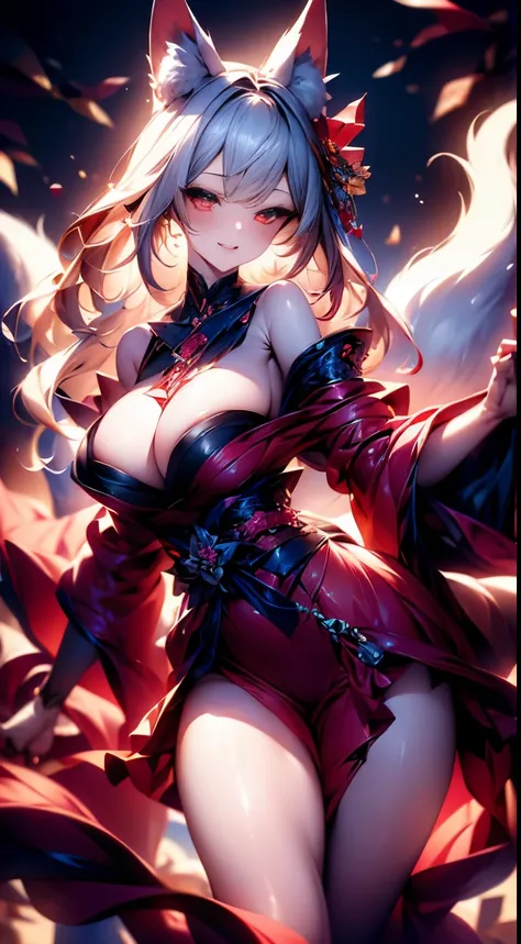 (masterpiece、highest quality、highest quality、official art、beautiful beautiful:1.2)、(1 girl)、very detailed、(fractal art:1.3)、Colorful、best details, nine tailed fox, 9 White, black fox ears, Devils Cats Eye, A fox inspired by Japanese divinity, Transparent c...