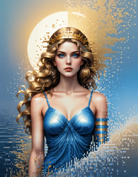 pixel art,in style of Apollonia Saintclair, beautiful details，Beautiful goddess Athena in a blue gradient color of dissolved pixels，（whole body），Extraordinarily beautiful blue eyes，gradually decompose，Golden sunshine shines in，Partial reflection in water，