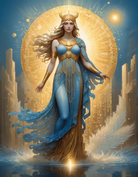 pixel art，in style of amanda sage, in style of alfred kubin, beautiful details，beautiful goddess athena in a blue gradient color...