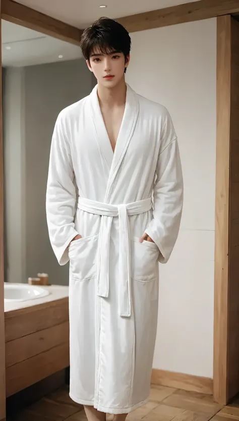 (masterpiece, best quality:1.2),1boy,black hair,brown eyes,lips,long sleeves,looking at viewer,Four or six parts of hair,standing,indoor,Short hair,White bathrobe,realistic,solo,standing,wide sleeves,wooden floor