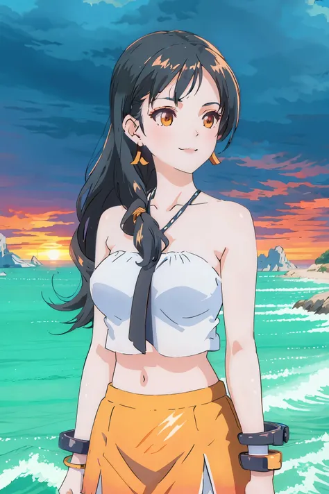 1girl, beach, black hair, cloud, cloudy sky, earrings, horizon, jewelry, long hair, mountain, ocean, orange sky, outdoors, purple skirt, sand, shore, skirt, sky, smile, solo, sun, sunrise, sunset, water, waves
