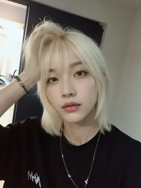 blond haired girl with a black shirt and a necklace, hair whitebangs hair, cai xukun, hong june hyung, jinyoung shin, sun yunjoo, with short hair, hyung tae, short blonde hair with bangs, short platinum hair tomboy, with bangs, white bangs, jaeyeon nam, st...