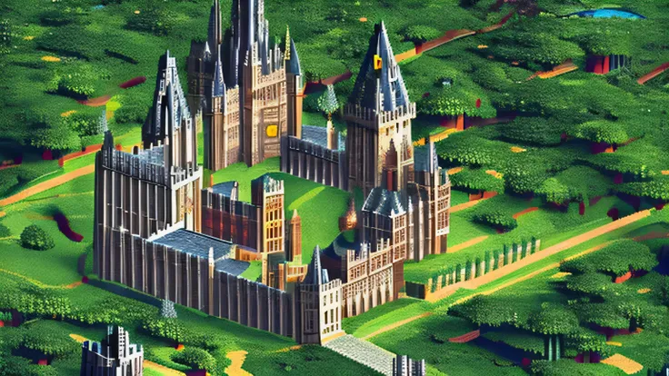 pixel art: château de poudlard ( harry potter) dans le monde minecraft