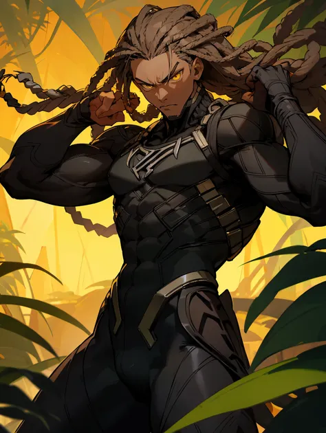 1male , Dark Skin , Yellow Eyes , Dreadlocks , Serious Expression , Black Bodysuit , Black Panther , Jungle Background , Perfect Generation , Muscular , Adult Male , Strong Pose