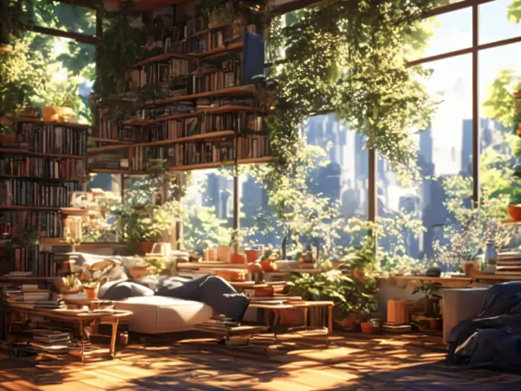 there is a room with a couch, bookshelf, and a window, relaxing environment, unreal engine ; romantic theme, relaxing concept art, akihiko yoshida. unreal engine, cozy environment, unreal engine render style, animation style render, relaxing atmosphere, re...