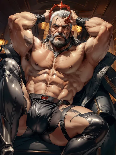 old man, (bara),admiral, thick body,(muscular),(big muscle), (hairy muscles) ,ornate revealing swim suit,luxury,devil crown,white beard,white hair,handsome, sharp gaze, in cage,glowing red eyes,big eyes, big bulge,hd quality, masterpiece, extremely detaile...