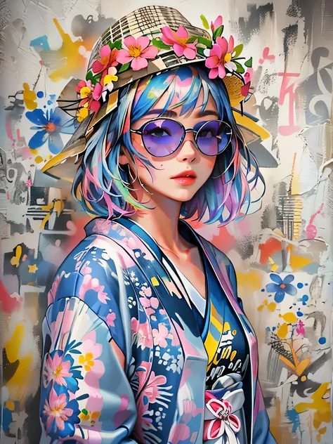 8K quality, watercolor painting, stylish design, (((The strongest beautiful girl of all time))), (((Japanese)))、Idol、clear, Stylish sunglasses, Fashionable hats, (((highest quality))), bob hair, Place your hands on the wall, HDR, ((Detailed details)), styl...