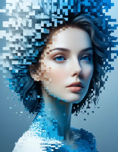 a blue gradient color dissolved pixel wall of a beautiful woman&#39;s head，3d voxel blocks，a structure that starts out intact bu...