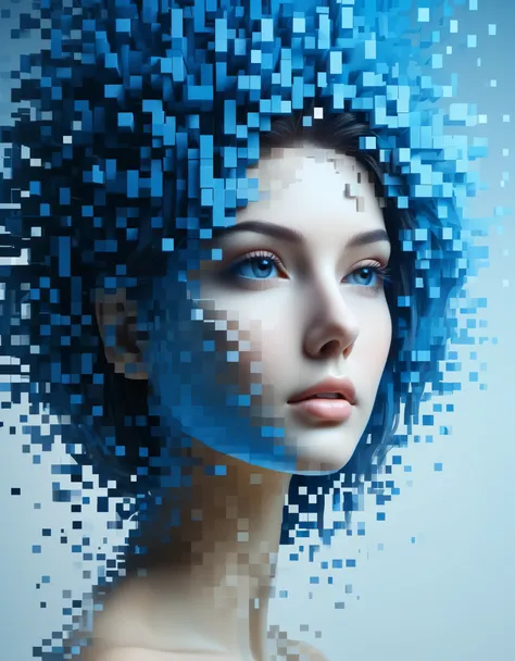 a blue gradient color dissolved pixel wall of a beautiful woman&#39;s head，3d voxel blocks，a structure that starts out intact bu...