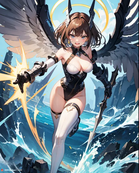 fantasy, 1angel_girl,young_teen, ,brown_hair, medium_bob_hair, long_bangs, halo,bare_shoulder,thighhighs,silver_armor, waist_armor, large_breasts,angry,grinning,open_mouth_teeth, 1pair_wings, dynamic_pose_fighting,floating, bare_crotch, headgear,gauntlet, ...