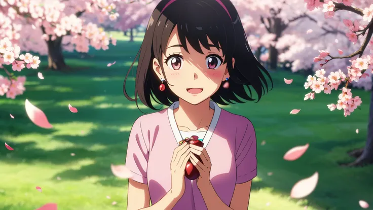 shinkai makoto, kimi no na wa., 1girl, bangs, black hair, blush, round eyes, bright eyes, brown eyes, red headband, red ribbon, short hair, shinny hair, smile, open mouth, :D. cute, beautiful, shiny skin, looking at the viewer, solo, white dress with cherr...