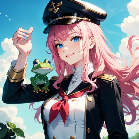 ((best quality)), ((masterpiece)), (detailed), 1 girl, pink hair, wavy hair, blue eyes, pale skin, captain uniform, captain hat, smirking, holding a frog, anime