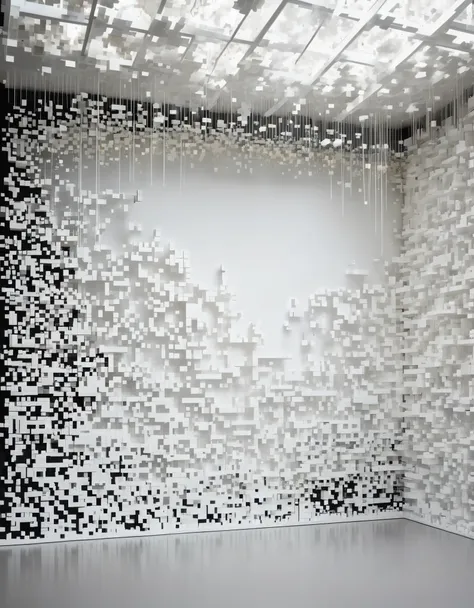 A white &quot;dissolved pixel wall&quot;，Partially openworked，A structure that starts out intact but gradually disintegrates in the air