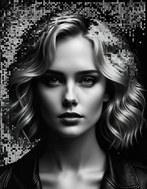 art by a woman whose face is made of pixelated images, in the style of dark black and white, karl kopinski, detailed imagery, pe...