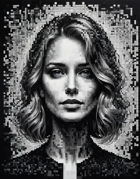 art by a woman whose face is made of pixelated images, in the style of dark black and white, karl kopinski, detailed imagery, pe...