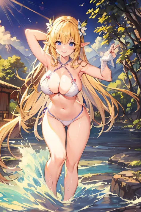 Illustration, Masterpiece, Highest Quality,Anime Elf Girl, light yellowish hair color, long hairs, wearing bikini in light pink color, Bent over pose, smiling, splashing water on camera from one hand, second hand on hairs. camera view centre. Background se...