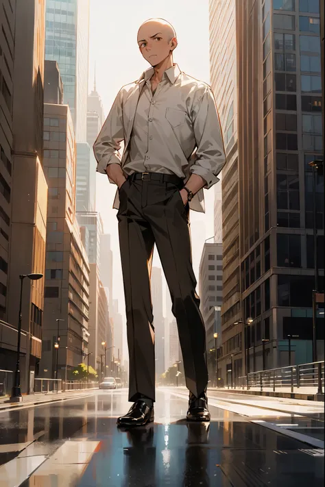 1male, adult, bald, brown eyes, white button up shirt, dress pants, dress shoes, city background, detailed background, walking on path, hands in pocket, confused, emotionless expression