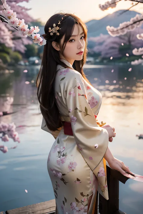 Asuna, masterpiece, best quality, detailed, (1 girl), alone, detailed golden eyes, long hair, eternal, Close to the audience, (detailed kimono), faint smile, big breasts and ass (Put your arms behind your back), water, Sunset, (hair accessories), (cherry b...