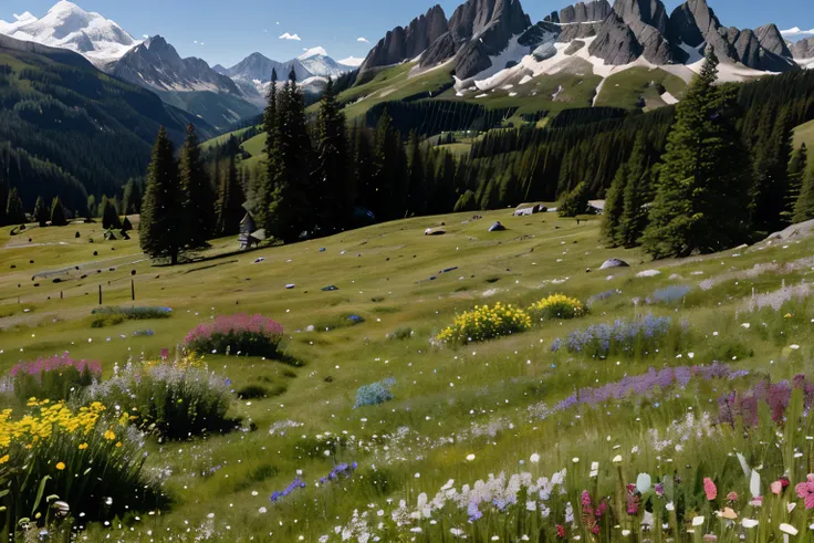 Alpine Meadows: Grassy meadows high in the mountains, surrounded by towering peaks and pristine wilderness, offering a sense of peace and tranquility.