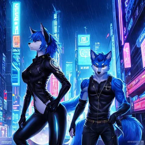 award winning beautiful portrait commission of a male furry anthro Blue wolf fursona with a tail and a cute beautiful attractive detailed furry face wearing stylish black cyberpunk clothes in a cyberpunk city at night while it rains. Character design by ch...