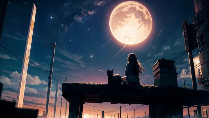 octane, null, star (null), scenery, starry null, night, 1 girl, night null, alone, outdoor, building, cloud, milky way, sitting, wood, long hair, city, silhouette, cityscape、anime、Black cat sleeping