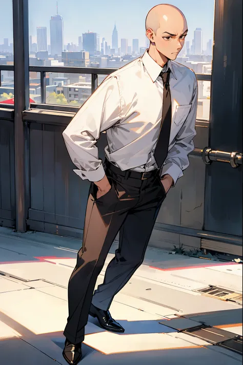 1male, adult, bald, brown eyes, white button up shirt, dress pants, dress shoes, city background, detailed background, walking on path, hands in pocket, confused, emotionless expression