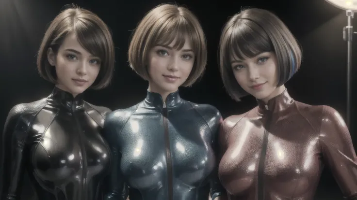 (highest quality, masterpieces:1.2), realistic,photorealistic:1.37, ultra-detailed, vibrant colors, vivid portraits,studio lighting, two beautiful girls intertwined, smiling, bob haircuts, waist shot, whole rubber suits