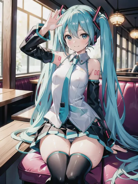 (highest quality, masterpiece, High resolution, super detailed, figure, fine skin, complicated eyes, perfect anatomy:1.2), (Hatsune Miku:1.5), (cute face, low length), break (grin, Sweat, blush:1.5), (More than one person, Harem, Group photo, Many people々,...