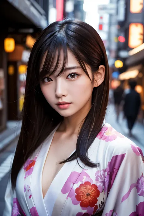 Beautiful Japanese supermodel woman, A lock of hair with slight highlights, black eyes, Sexy，street background，Gorgeous kimono , Liquid color flows across her face, Shooting against the light，Perfect facial lighting，mixed media