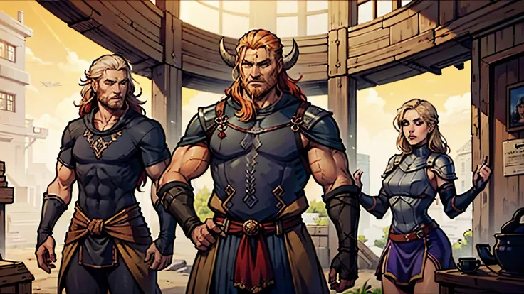 3others, 3man, Three Vikings, from game "The Lost Vikings", Fast small red hair male Viking, Strong thick blonde hair male Viking, Fat gray hair male Viking