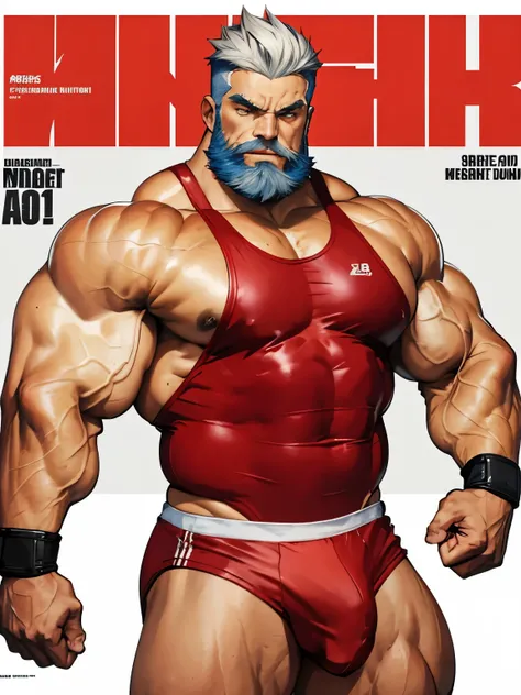 (magazine cover), with text, solo, 1man, (Huge Muscular Old man as a wrestler, wearing red olympic wrestling singlet) (short hair, 2tone hair color, two tone hair colors, red and white hair color), pectoral, abnormal muscle size, big bulging crotch, very b...