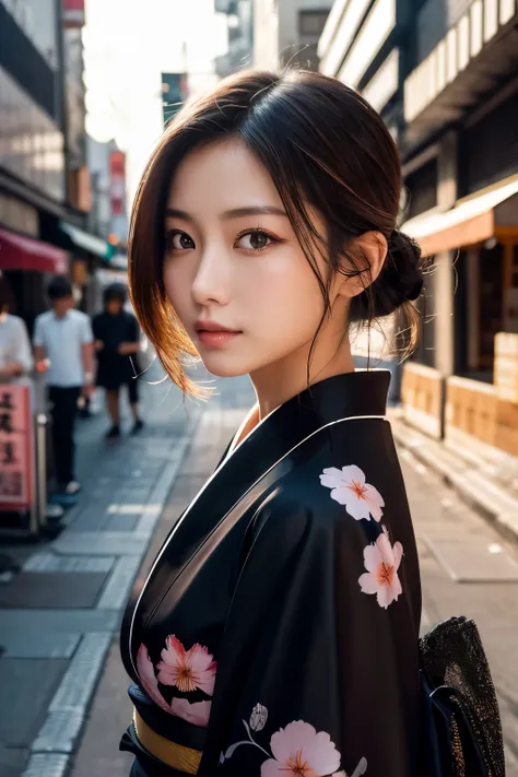 Beautiful Japanese supermodel woman, A lock of hair with slight highlights, black eyes, Sexy，street background，Gorgeous kimono , Liquid color flows across her face, Shooting against the light，Perfect facial lighting，mixed media