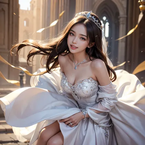 best quality, masterpiece, only 1 girl, huge laugh, cute teen, thin collarbone, medium chest, shiny lips, sweet, sun glare, Conservative attire, Beaded bell-line wedding dress, bridal tiara, depth of field, blurred background, Cathedral Background, light p...