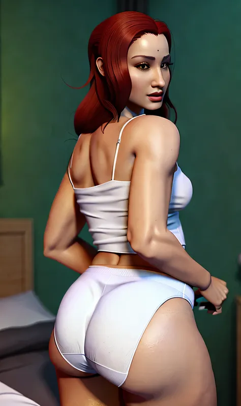 ((((masterpiece, best quality)))), ((33 year old)), (((Curvy))), ((Latina with long red hair)), in ((white tanktop)), ((white high cut fullback panties)), ((Large Hips)), ((Standing in a messy bedroom)), (((realistic 3D game model)))